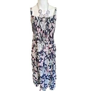 Old Navy Cami Dress L Black Floral Midi Smocked Pockets Adjustable Straps Boho